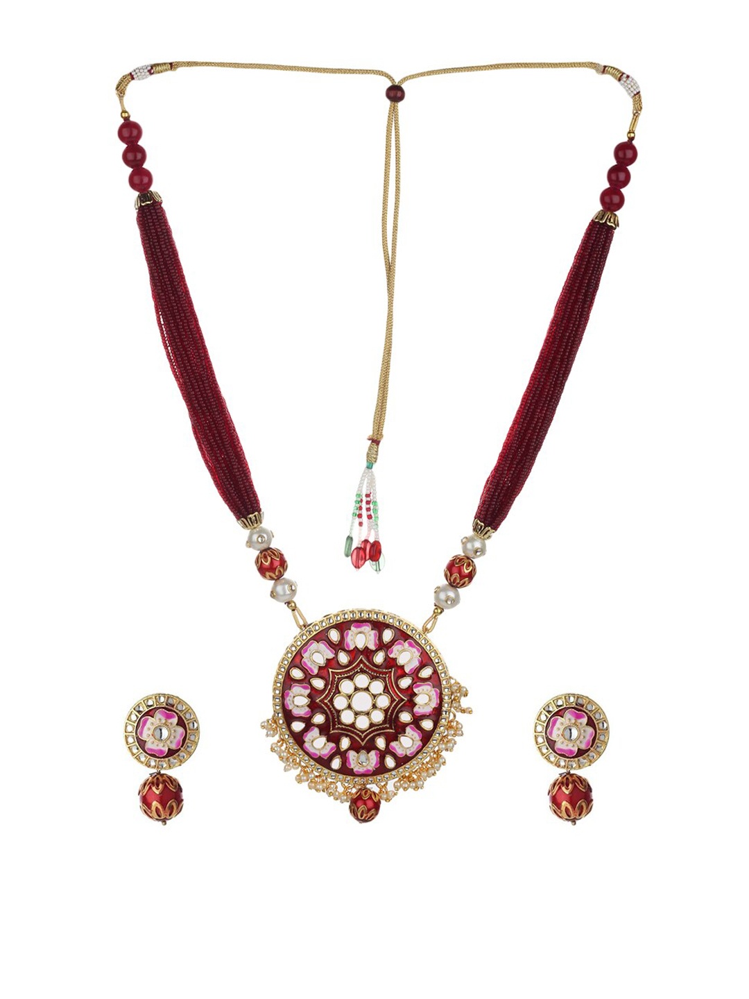 

Runjhun Gold-Plated Maroon & White Stone-Studded Beaded Meenakari Handcrafted Jewellery Set