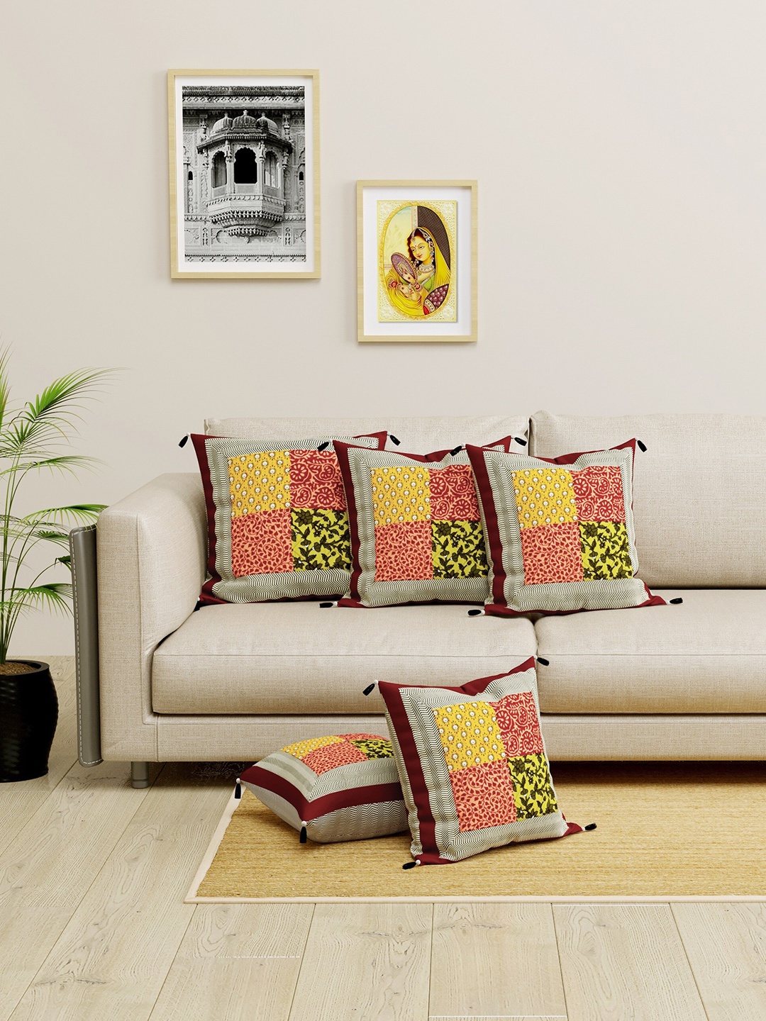 

LIVING ROOTS White & Green Set of 5 Abstract Square Cushion Covers
