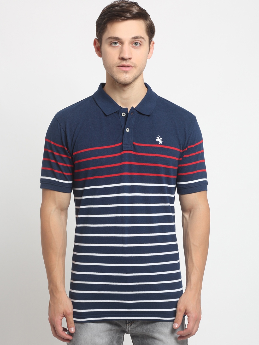

Cantabil Men Navy Blue Striped Polo Collar Slim Fit T-shirt
