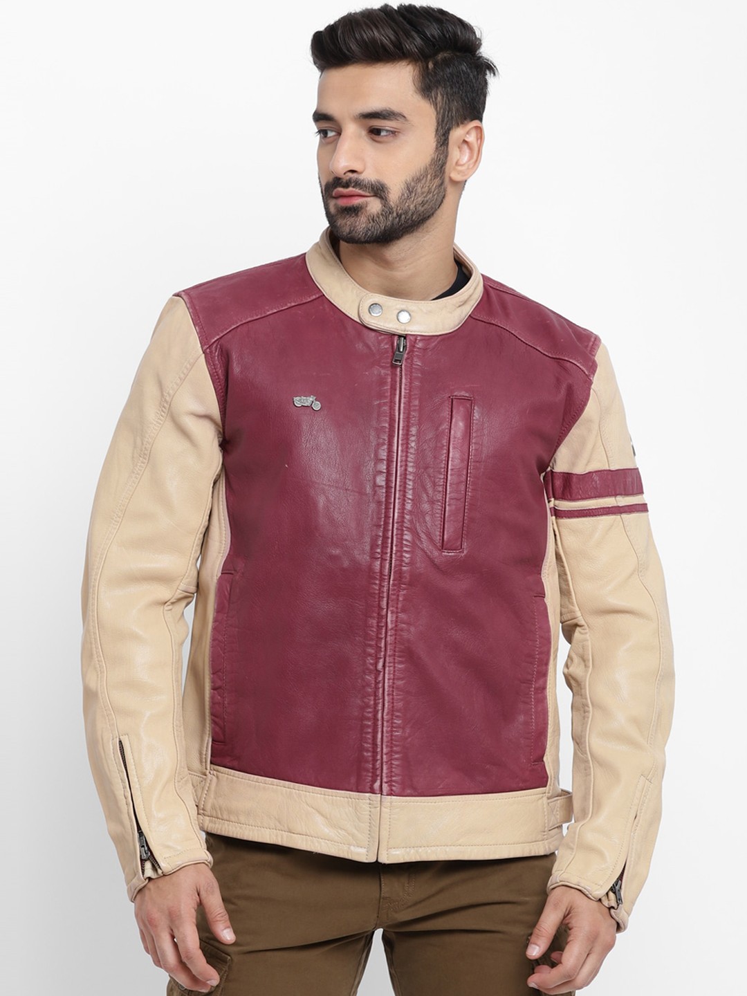 

Royal Enfield Men Burgundy Leather Tailored Jacket