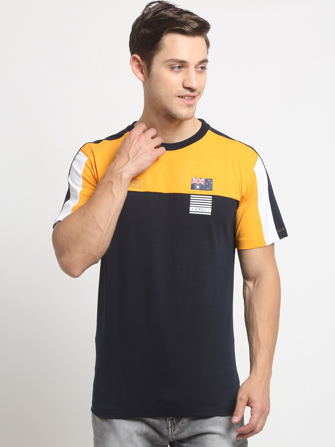 

Cantabil Men Mustard Yellow & Black Colourblocked Cotton Slim Fit T-shirt