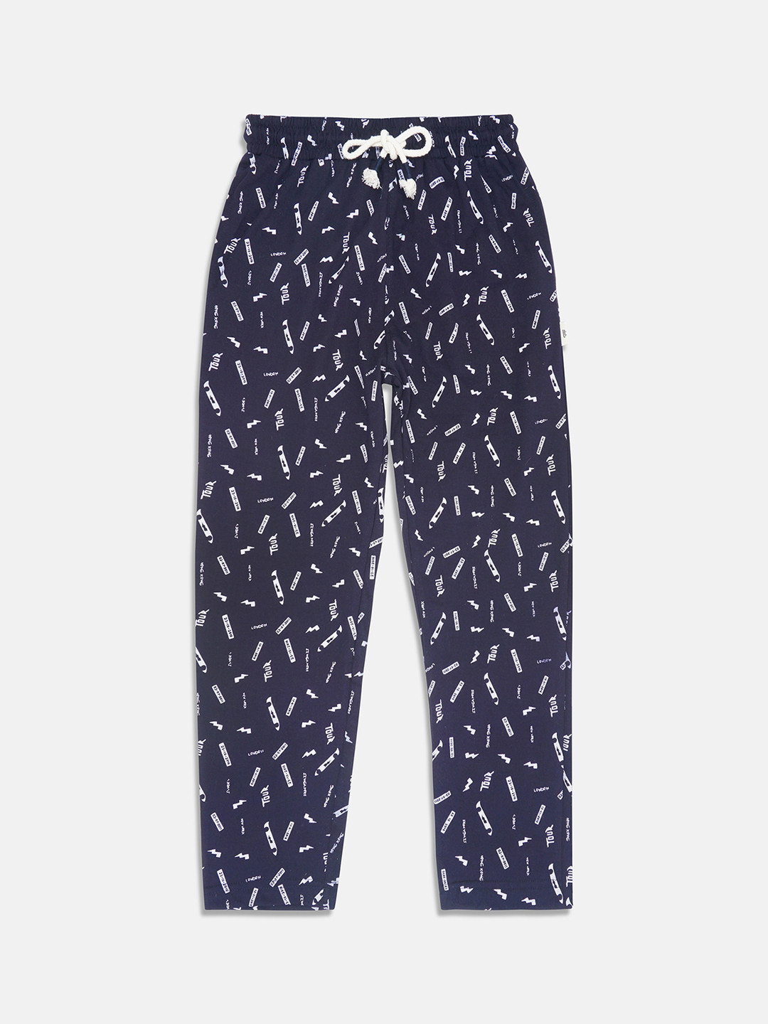 

Lil Tomatoes Boys Navy Blue & White Printed Pure Cotton Straight-Fit Track Pants