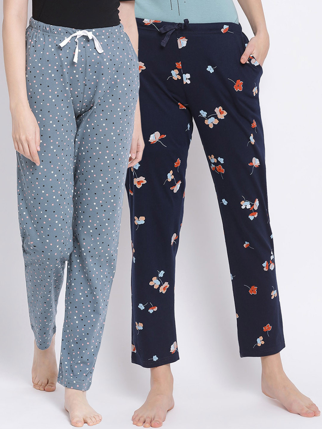 

Kanvin Women Pack Of 2 Printed Pure Cotton Lounge Pants, Navy blue