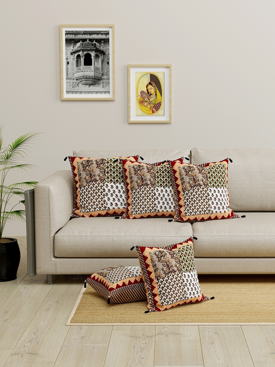 

LIVING ROOTS Set of 5 White & Brown Ethnic Motifs Square Cushion Covers