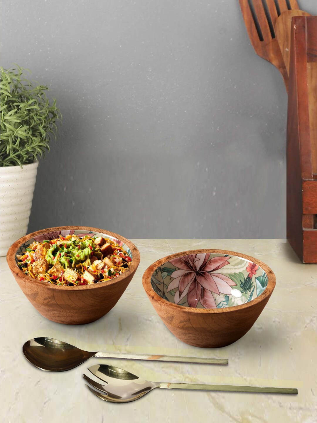 

nestroots Brown & Green 2 Bowls with Spoon & Fork Set