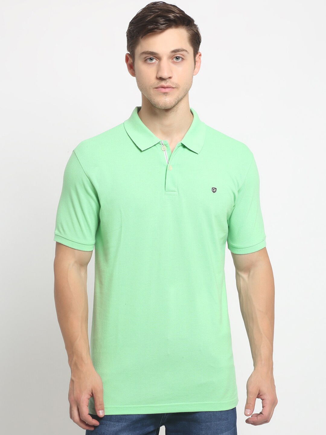 

Cantabil Men Green Polo Collar Slim Fit Cotton T-shirt