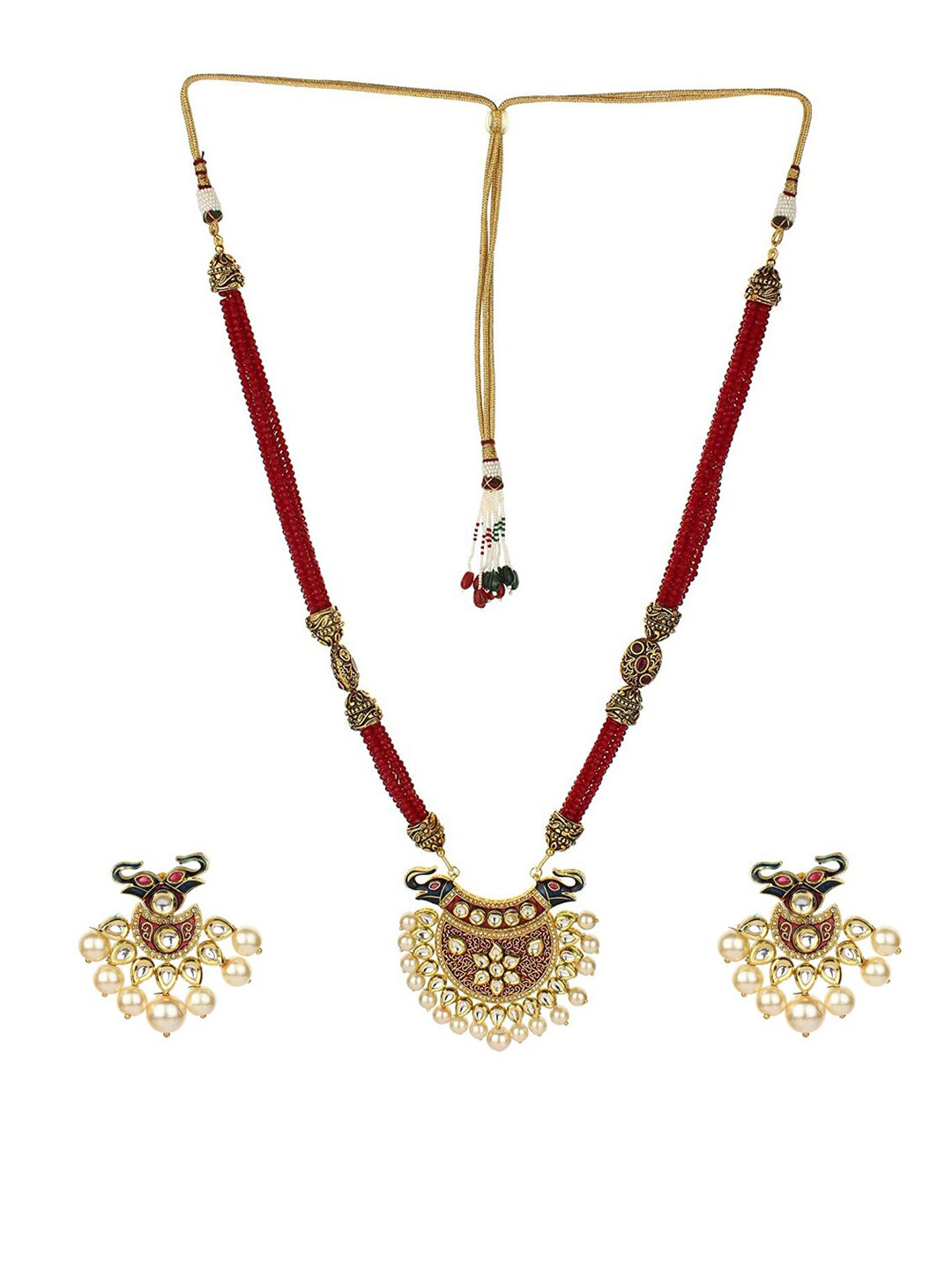 

Runjhun Gold-Plated Marron & White Kundan-Studded Jaipuri Jewellery Set