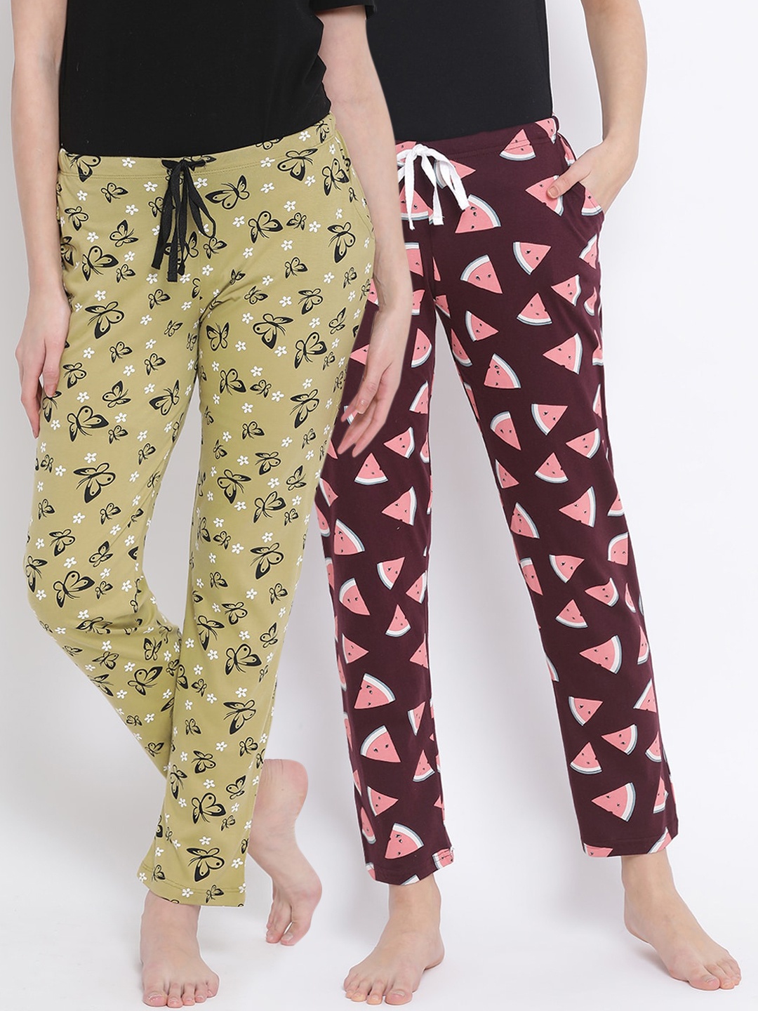 

Kanvin Women Pack Of 2 Printed Pure Cotton Lounge Pants, Green