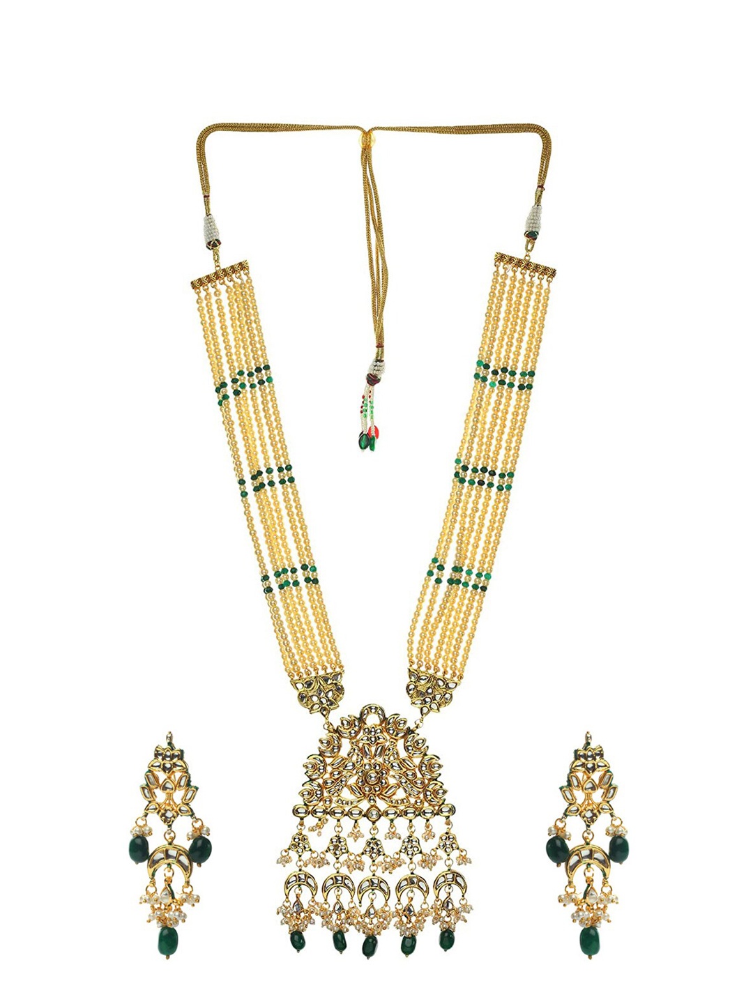 

Runjhun Gold-Plated Green & Off-White Kundan-Studded Beaded Meenakari Handcrafted Jewellery Set
