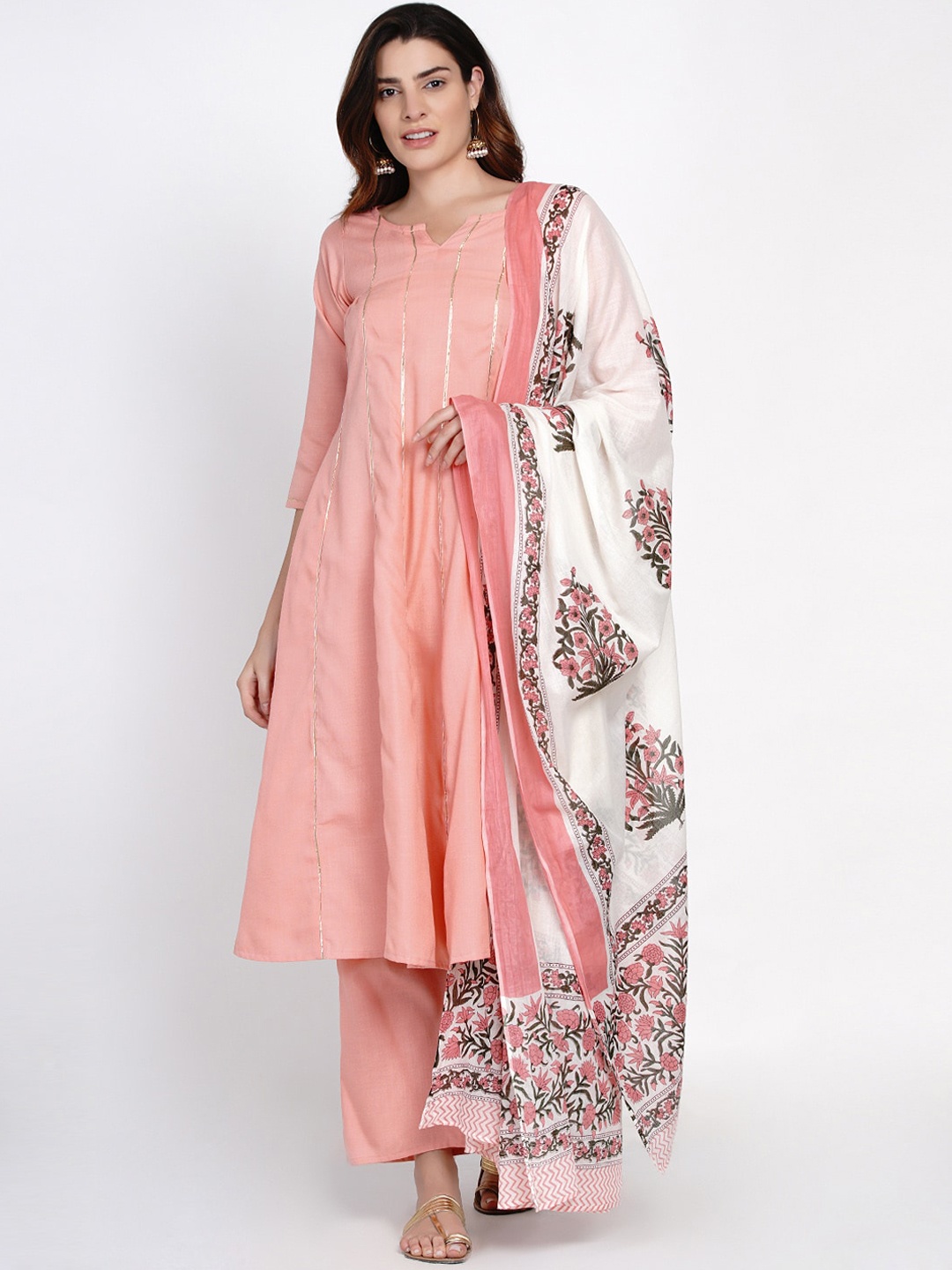 

Bhama Couture Women Peach Striped Kurta with Trousers & With Dupatta