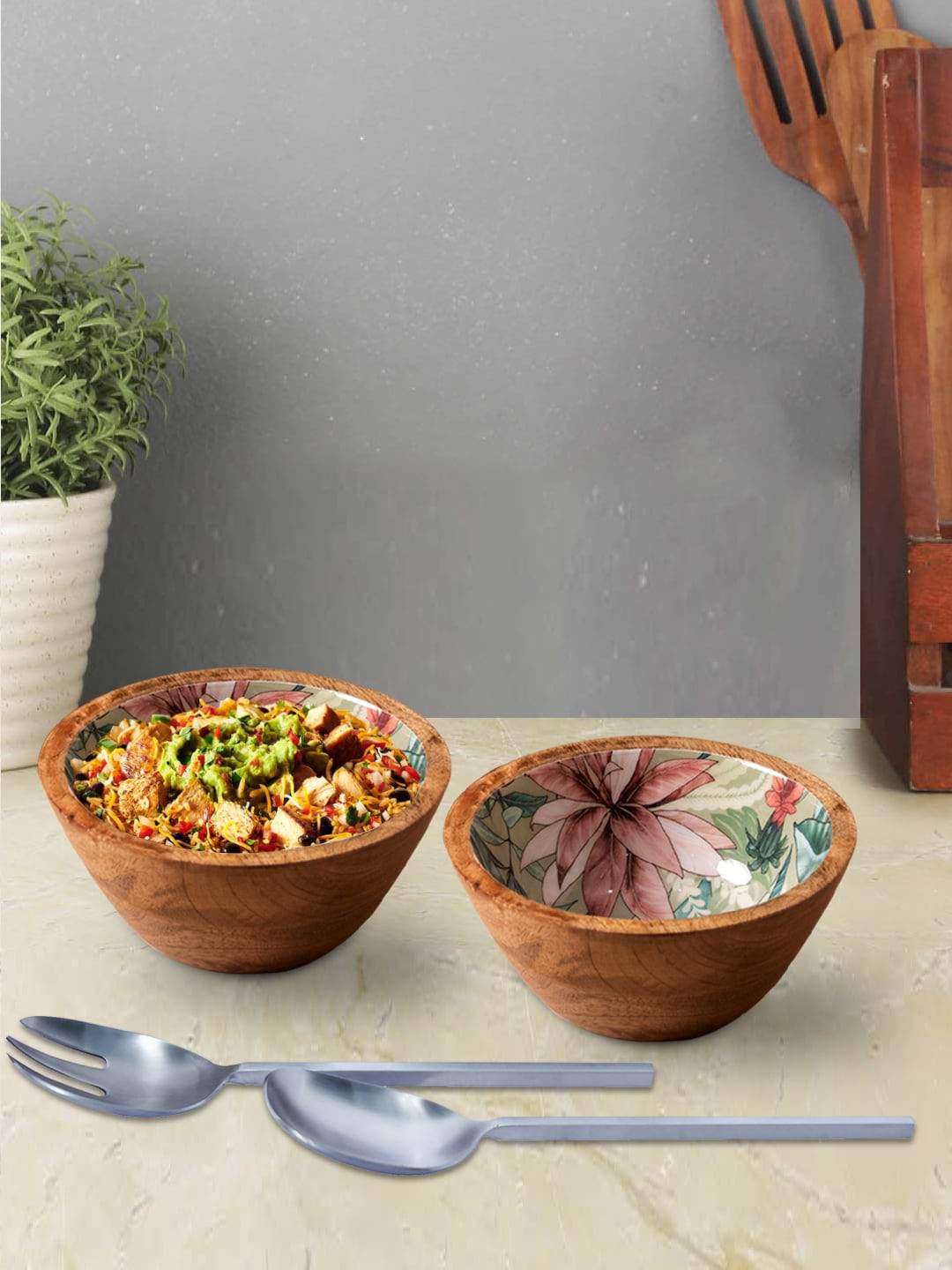 

nestroots Set Of 2 Brown & Silver-Toned Printed Bowl With Servers