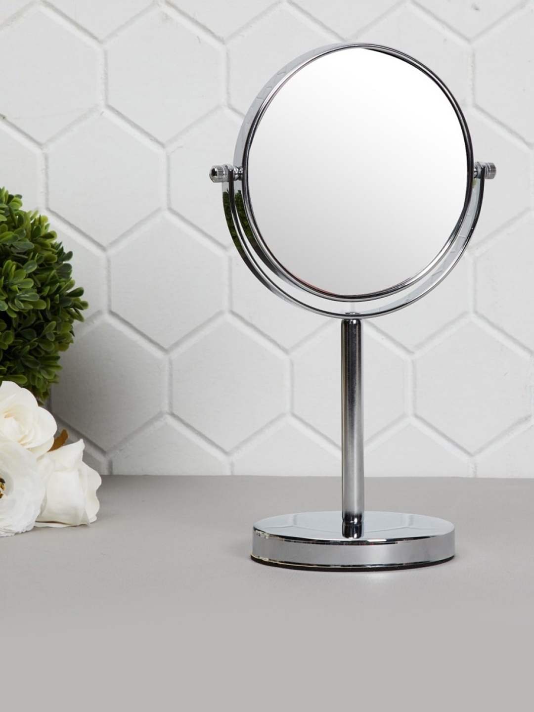 

Home CentreSilver-Toned Solid Double-Sided Vanity Mirror With Stand, Silver