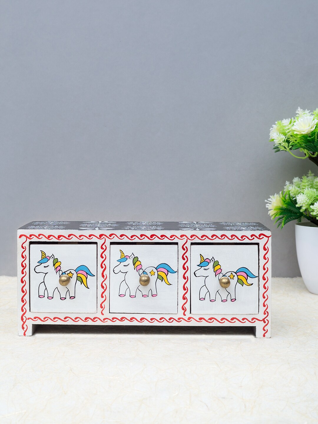 

Golden Peacock White & Pink Unicorn Hand Painted 3-Drawer Trinket Box