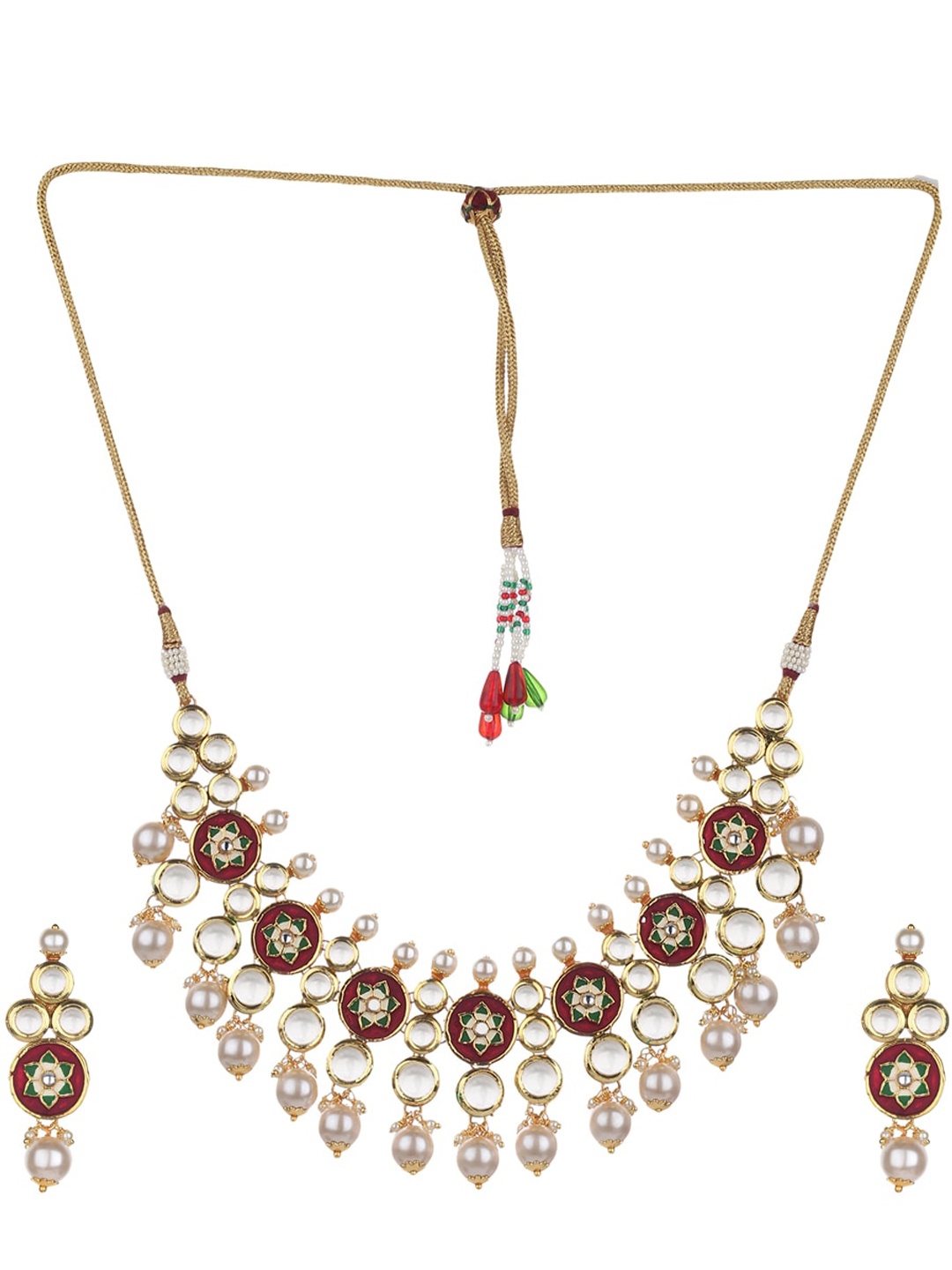 

Runjhun Gold-Plated Maroon & White Kundan-Studded & Beaded Hand Painted Jewellery Set