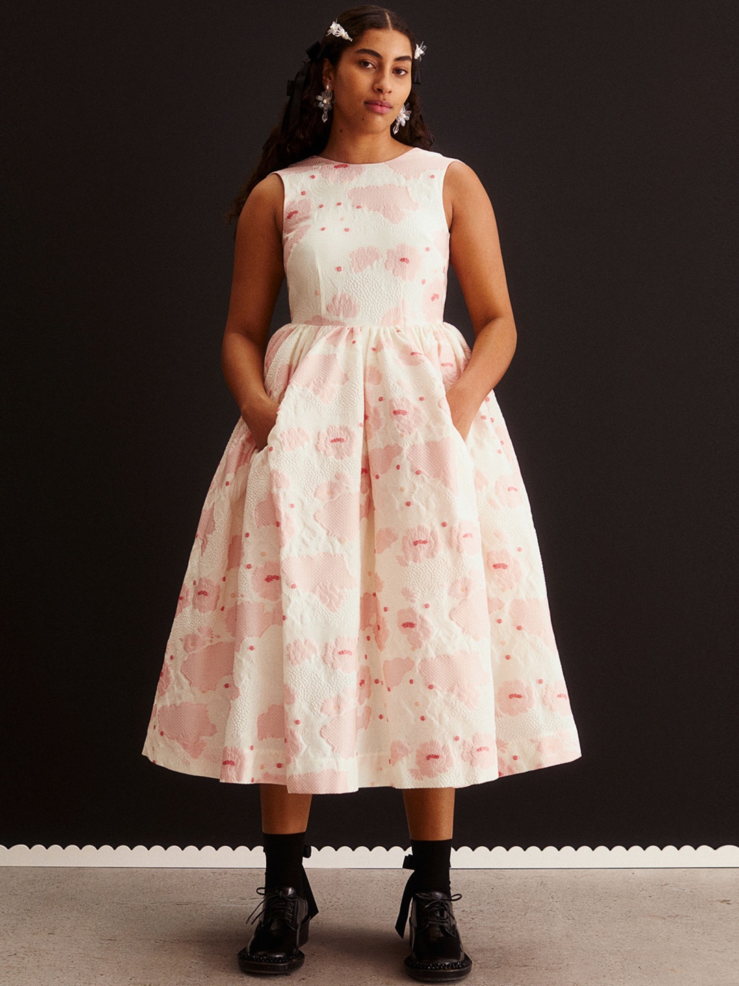 

H&M Women White Silk-Blend Cloqu Dress