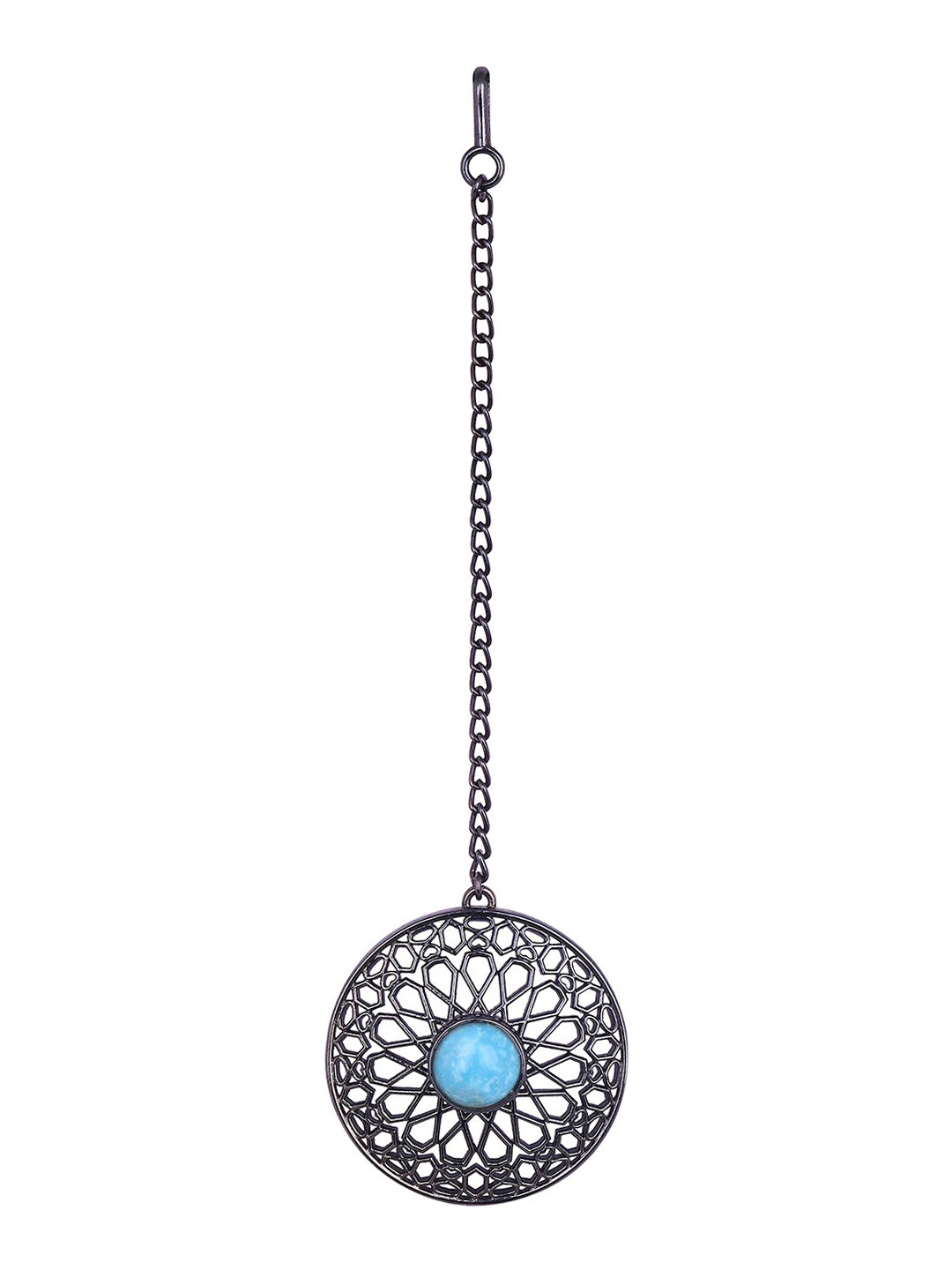 

Funky Maharani Silver-Plated Black & Turquoise Blue Stone-Studded Mandala Handcrafted Maang Tikka