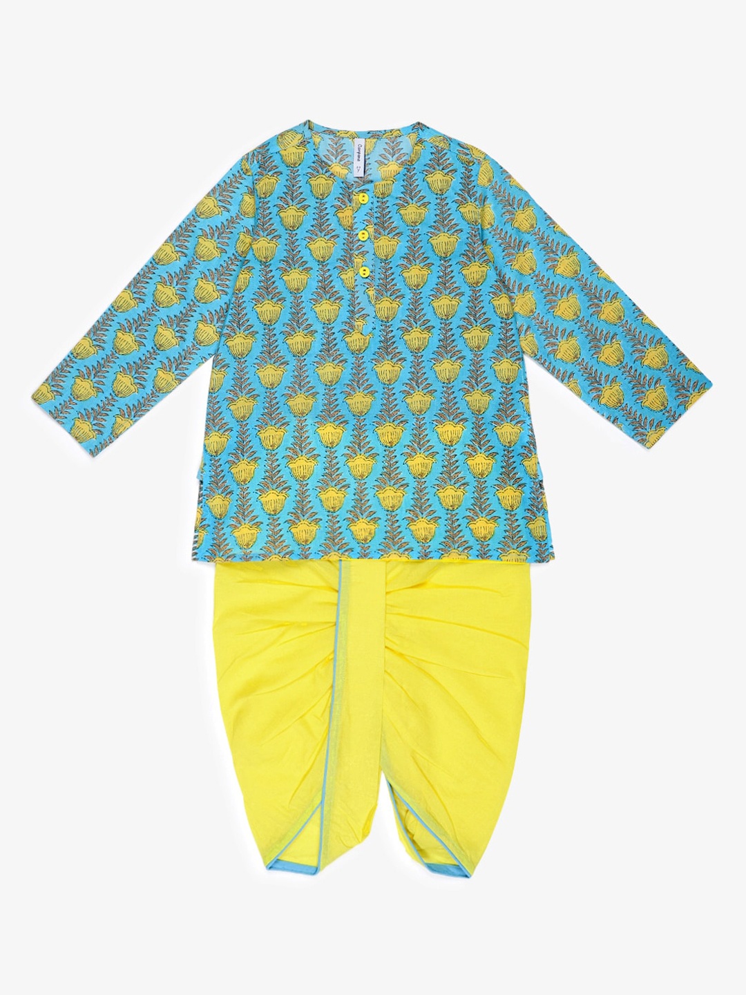 

Campana Boys Blue & Yellow Printed Angrakha Pure Cotton Kurta with Dhoti Pants