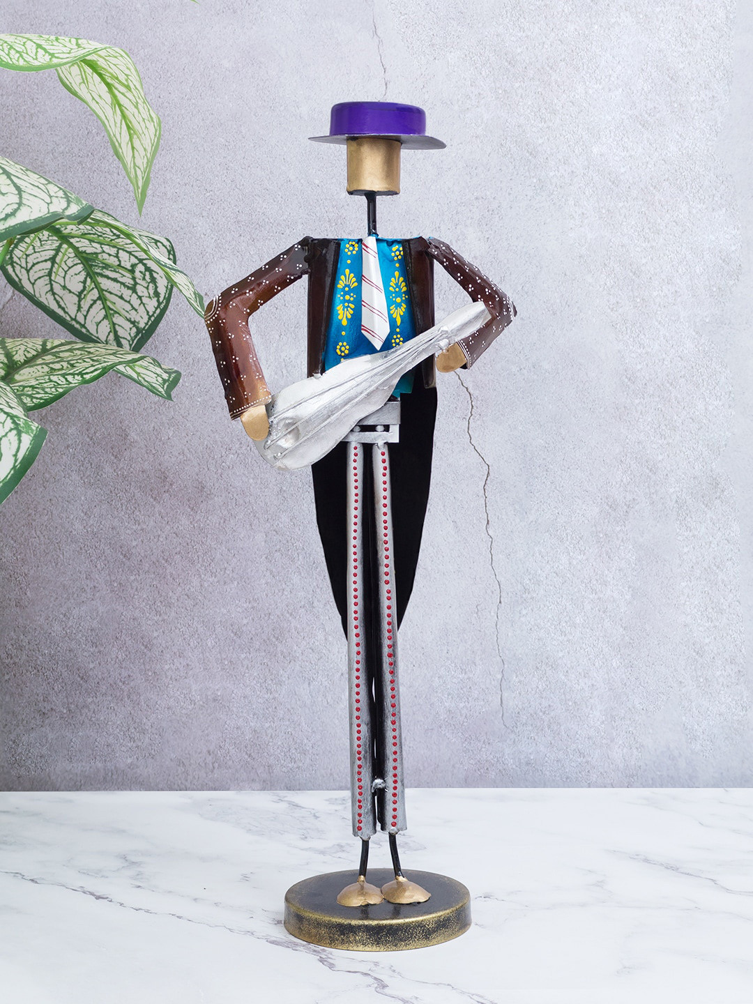 

Golden Peacock Black & Blue Iron Musician Man With Hat Figurine Showpiece