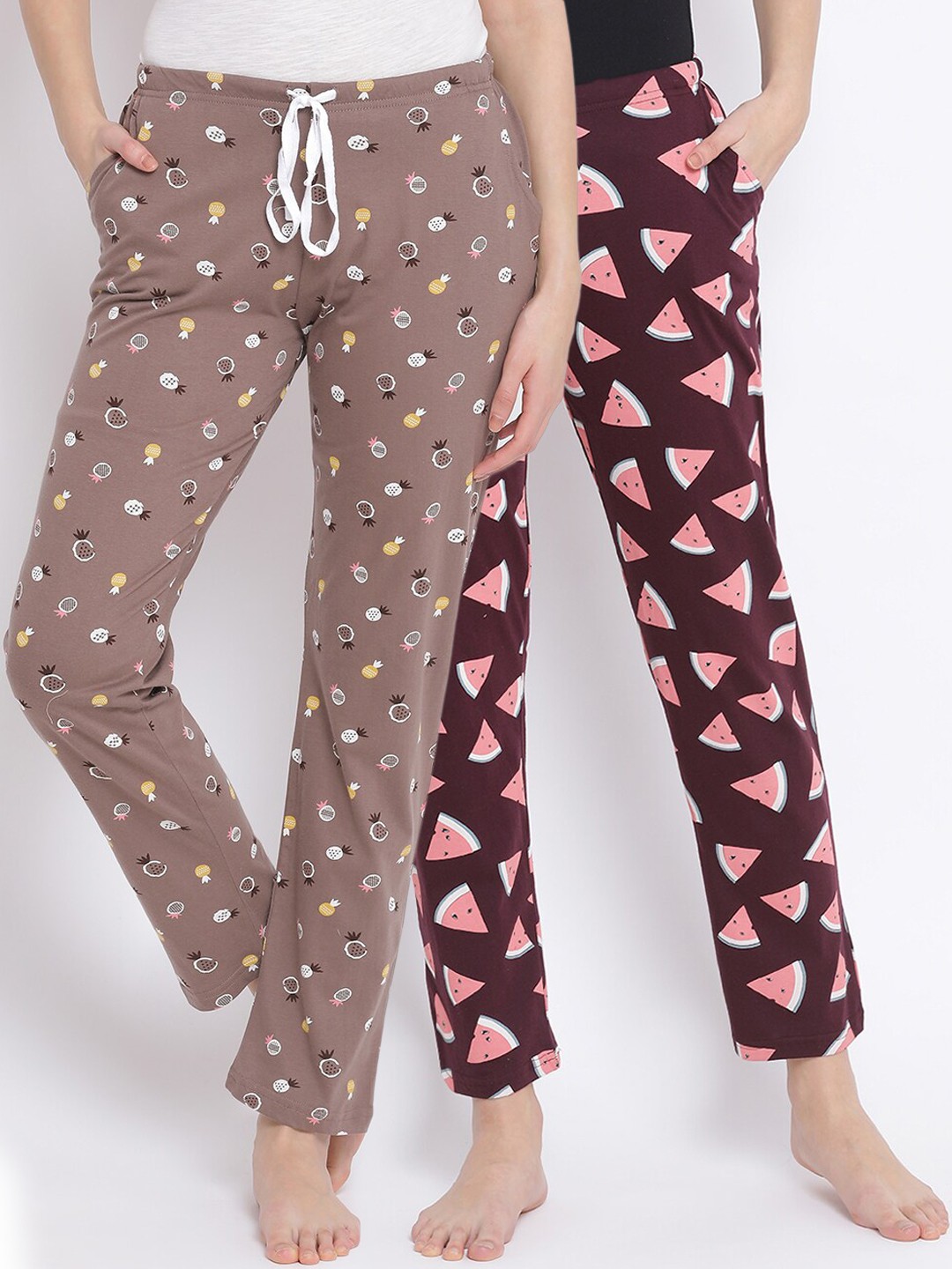 

Kanvin Women Pack Of 2 Printed Pure Cotton Lounge Pants, Brown
