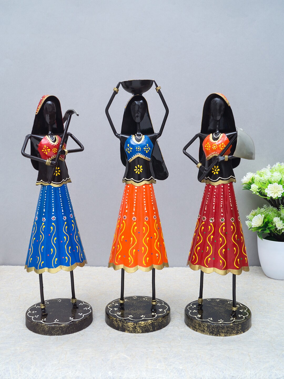 

Golden Peacock Set Of 3 Lady Farmer Showpieces, Black