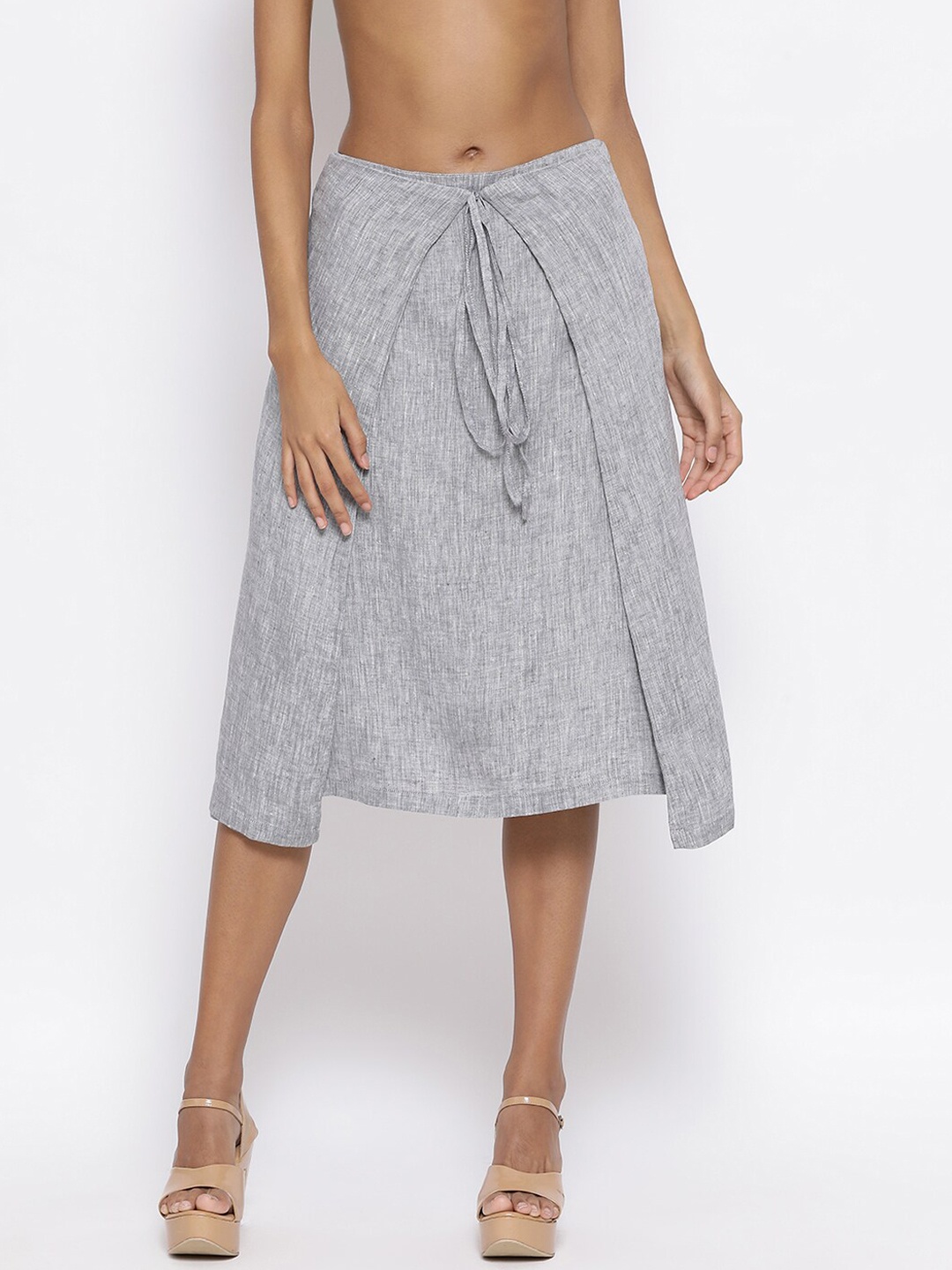 

ROOTED Women Grey Solid Layered A-Line Midi Skirt