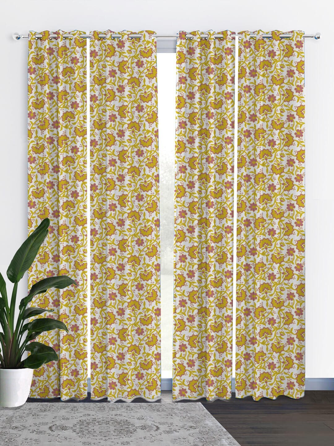 

HOUZZCODE White & Yellow Set of 4 Curtains