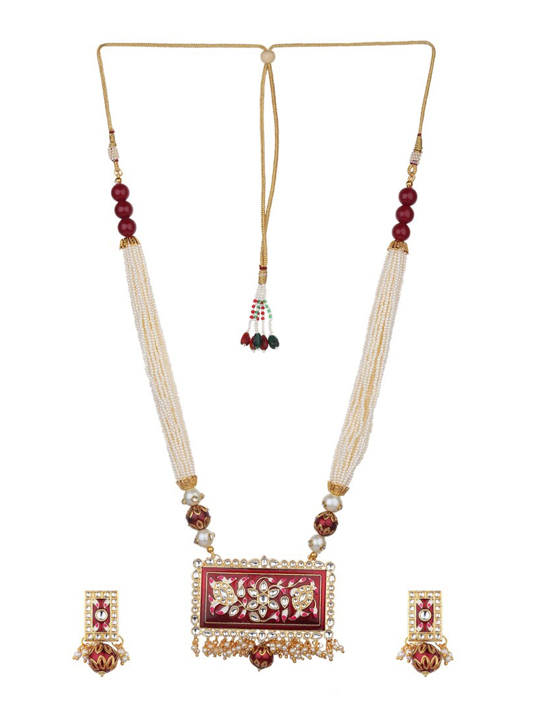 

Runjhun Gold-Plated White & Maroon Stone-Studded & Beaded Meenakari Jaipuri Jewellery Set