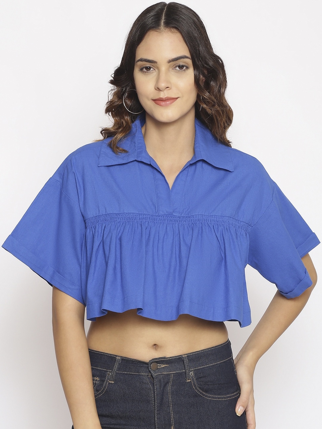 

Oxolloxo Blue Kimono Sleeve Shirt Style Crop Top