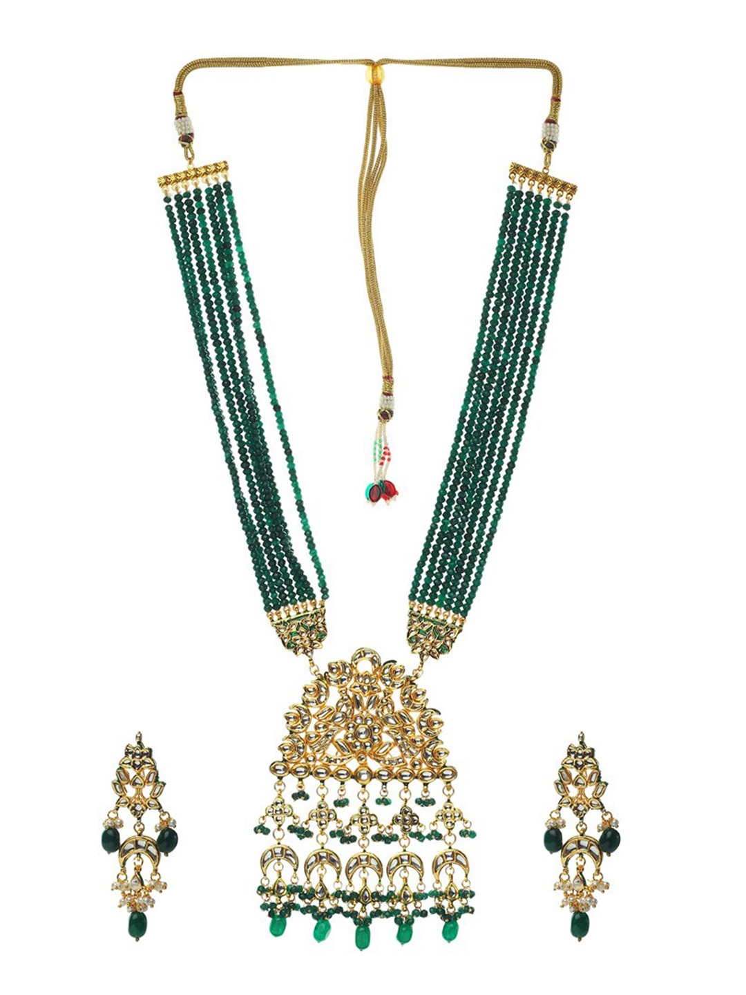 

Runjhun Gold-Plated Green & White Kundan-Studded Beaded Jadau Jewellery Set
