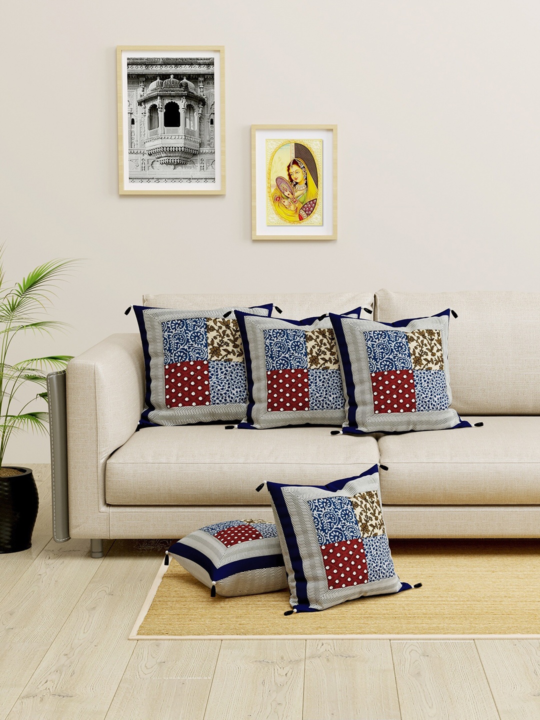 

LIVING ROOTS Beige & Brown Set of 5 Ethnic Motifs Square Cushion Covers