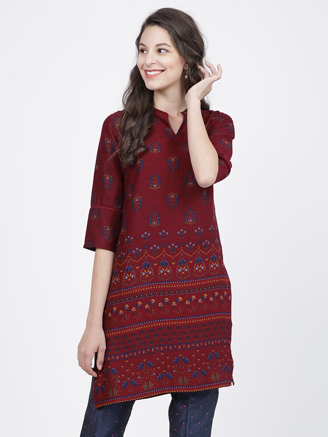 

Vishudh Burgundy Viscose Rayon Mandarin Collar Printed Tunic