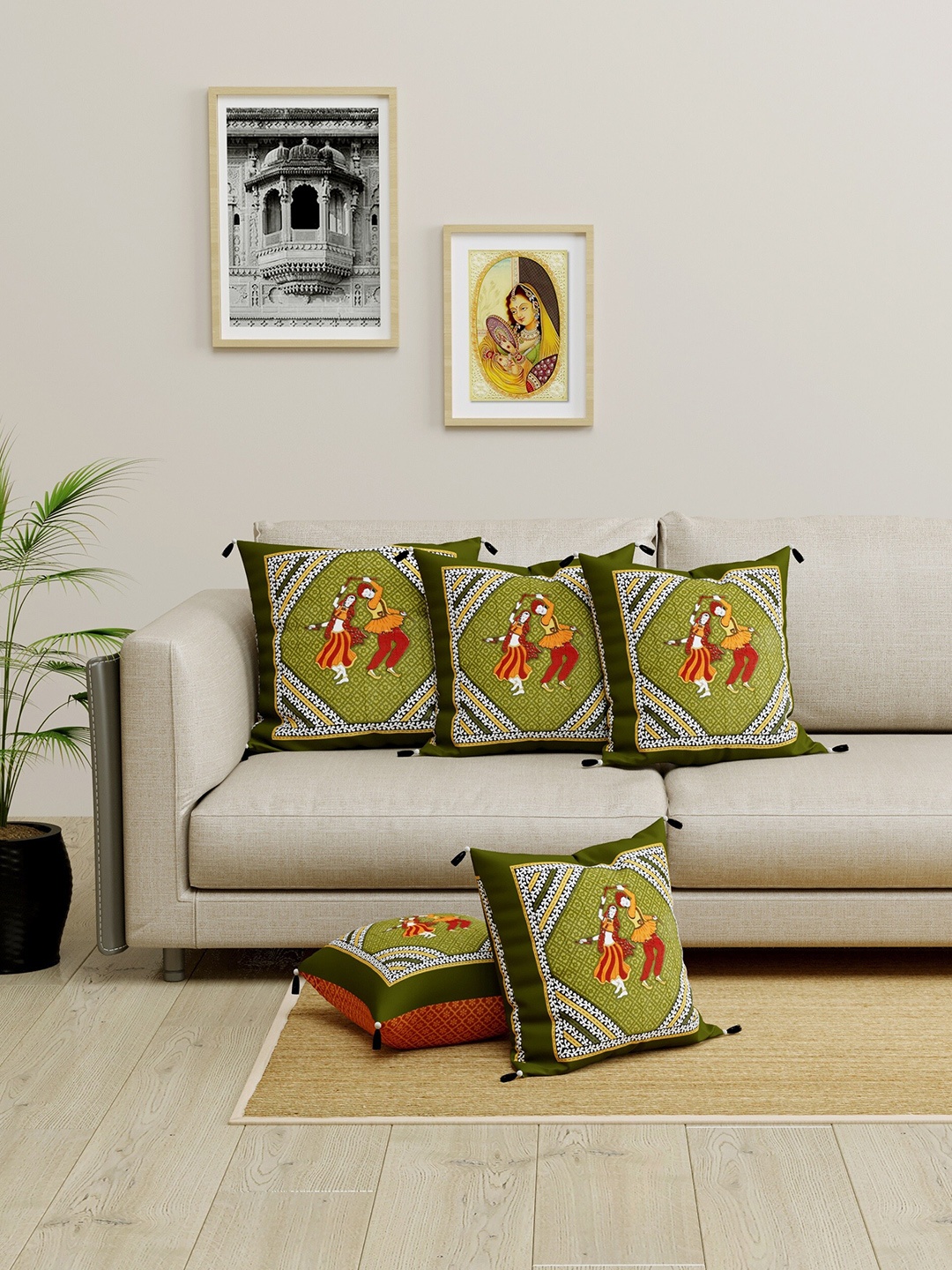 

LIVING ROOTS Olive Green & White Set of 5 Ethnic Motifs Square Cushion Covers