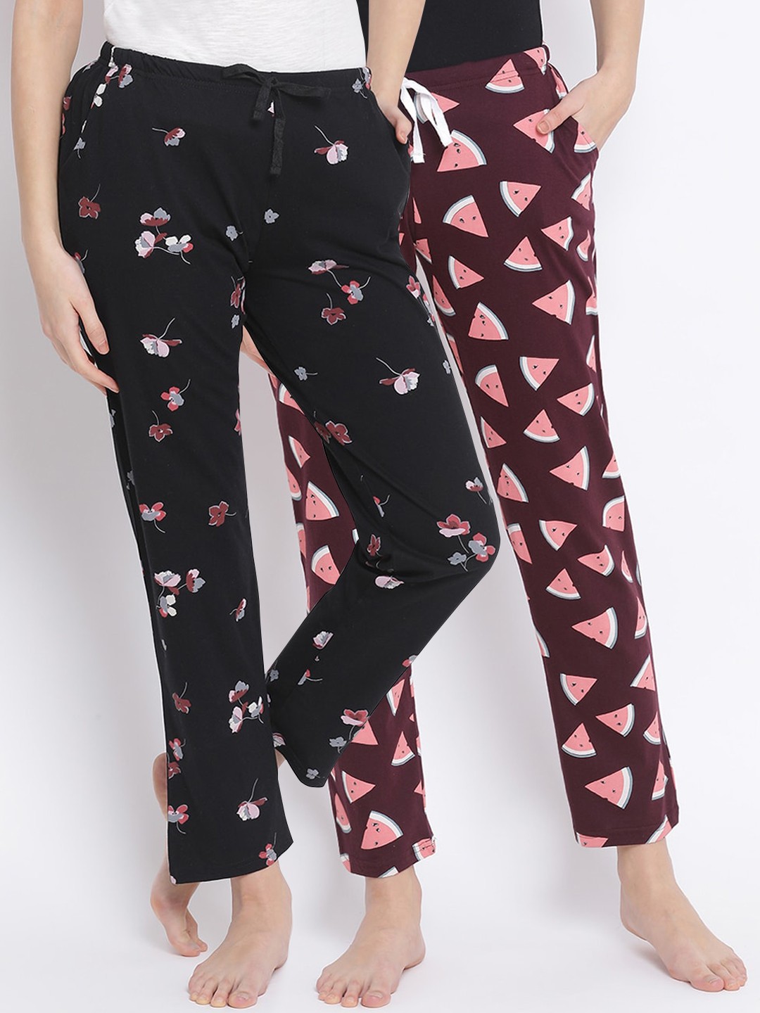 

Kanvin Women Pack Of 2 Printed Pure Cotton Lounge Pants, Black