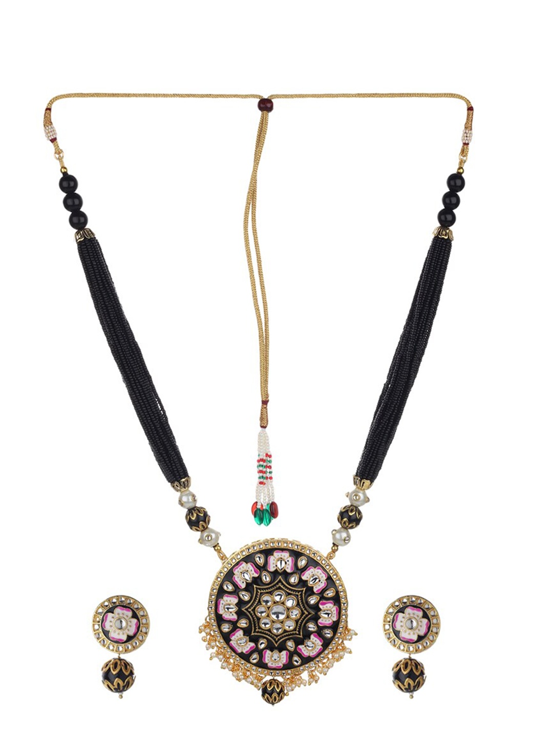 

Runjhun Gold-Plated Stone-Studded Beaded Meenakari Jaipuri Handmade Jewellery Set