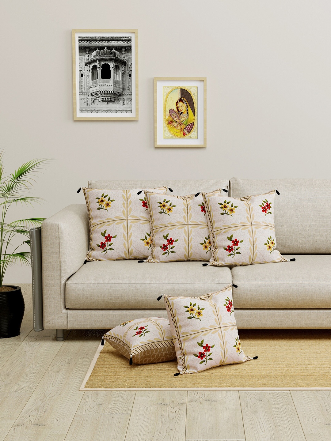 

LIVING ROOTS Beige & Green Set of 5 Floral Square Cushion Covers