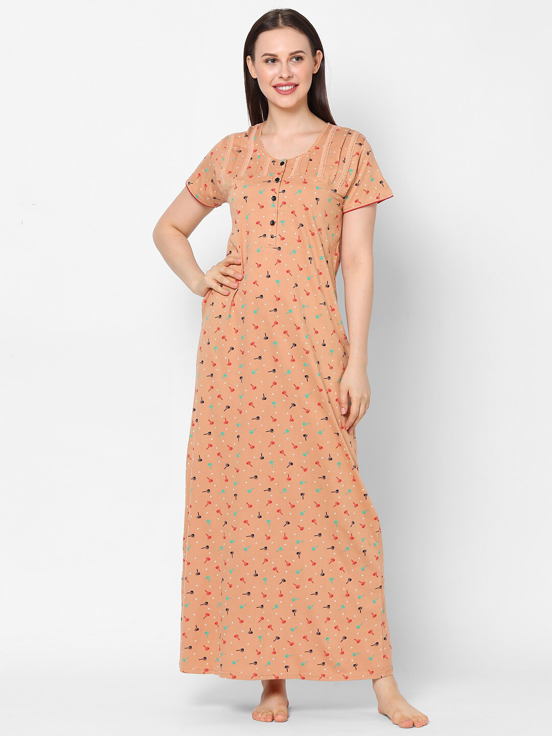 

Sweet Dreams Women Beige & Red Printed Cotton Nightdress