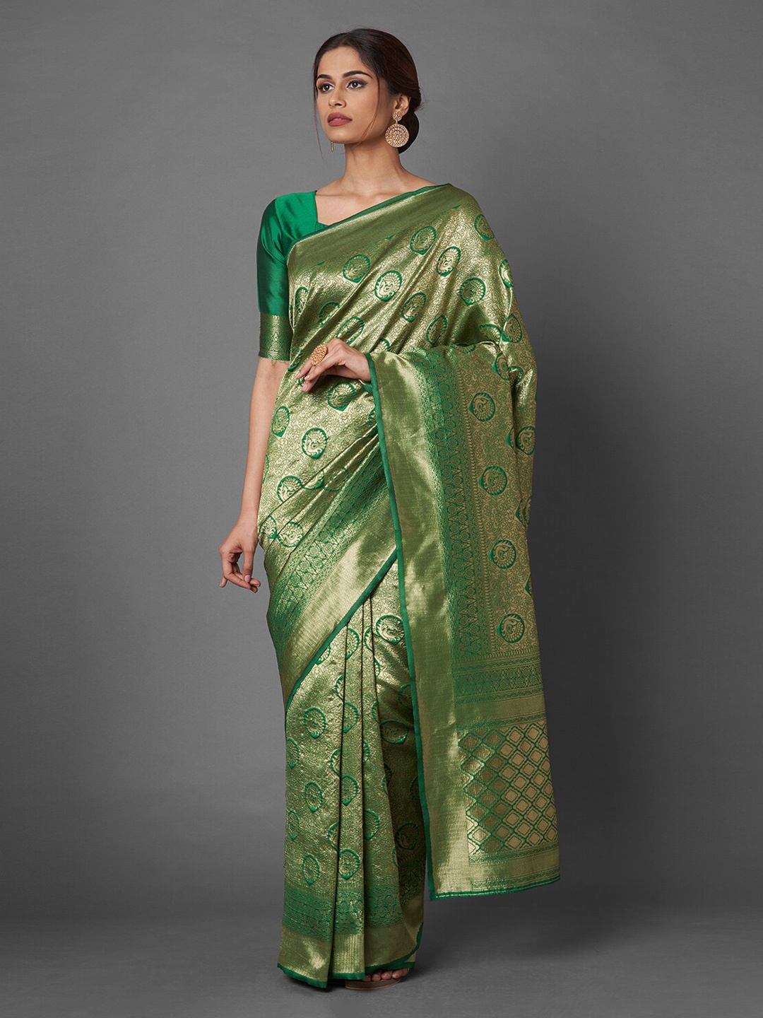 

Mitera Green & Gold-Toned Woven Design Zari Silk Blend Banarasi Saree