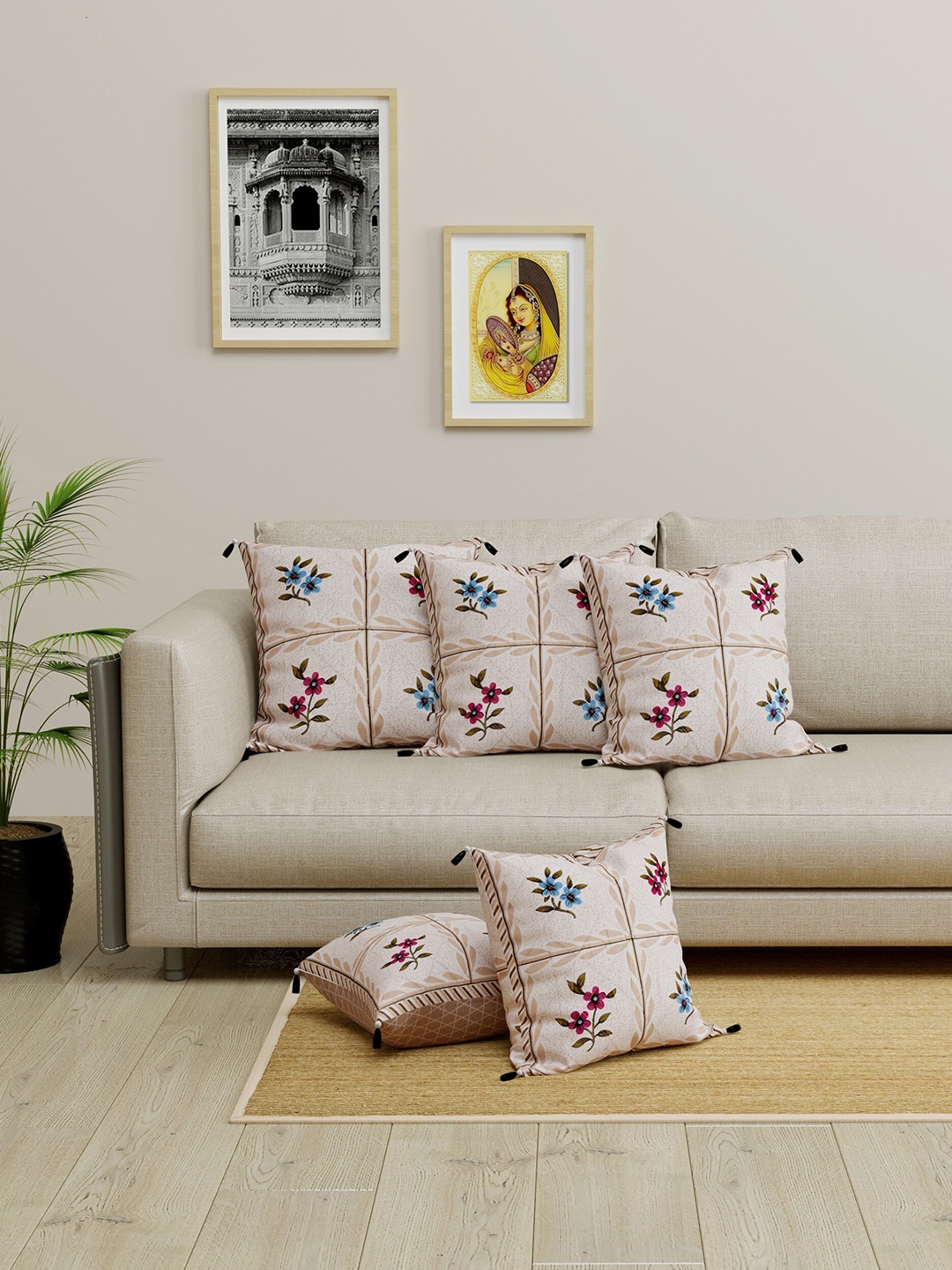 LIVING ROOTS Beige & Green Set of 5 Floral Square Cushion Covers