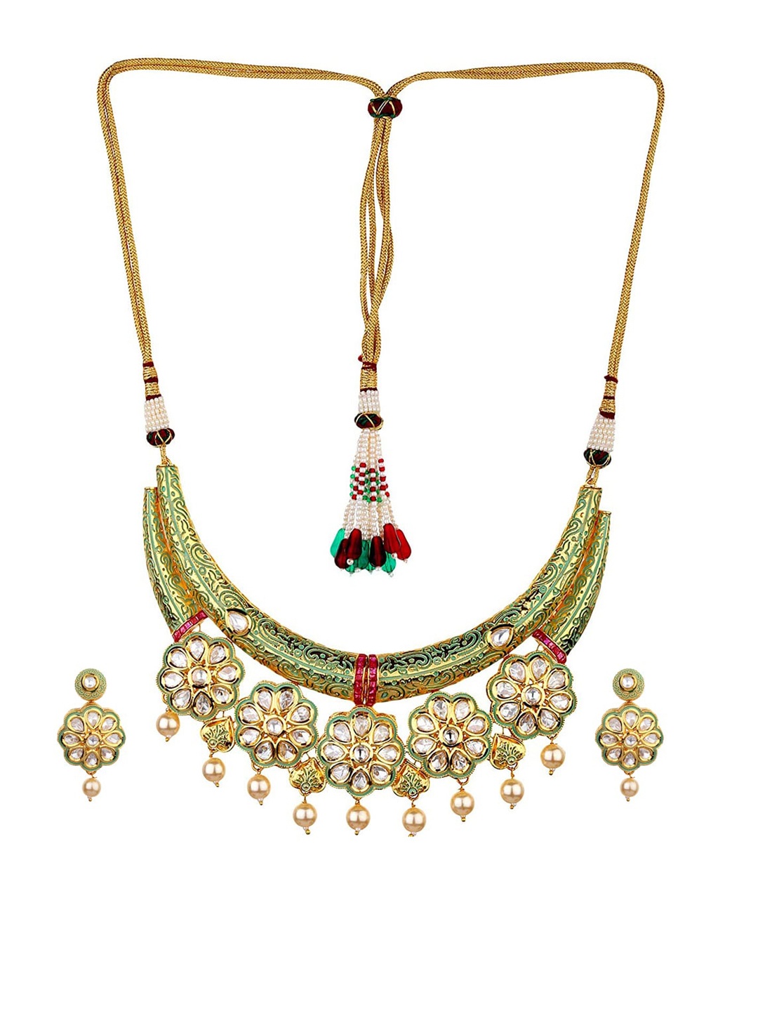 

Runjhun 18 Carat Gold-Plated & Green Kundan-Studded Meenakari Jewellery Set