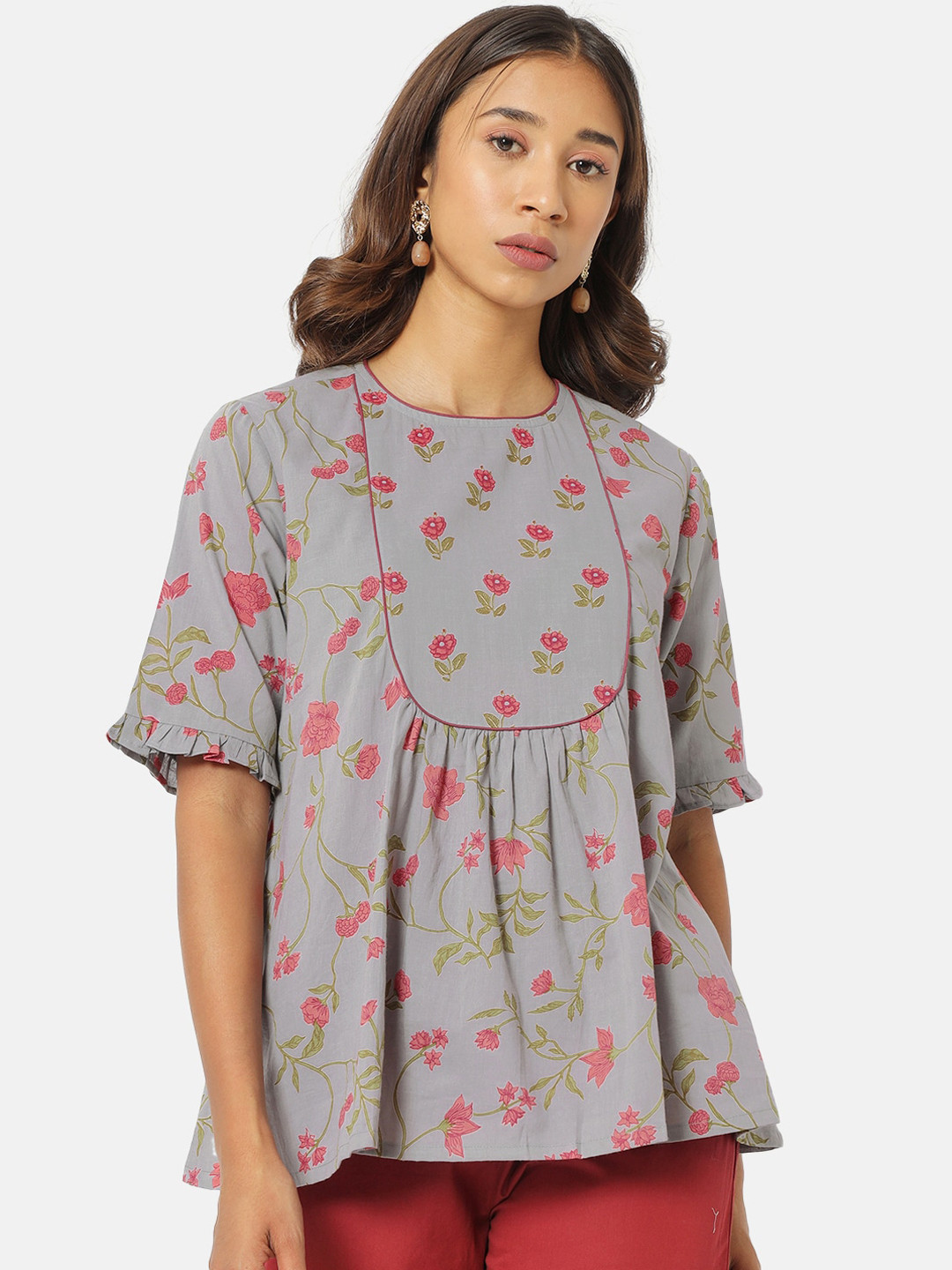 

Saaki Blue & Pink Floral A-Line Top