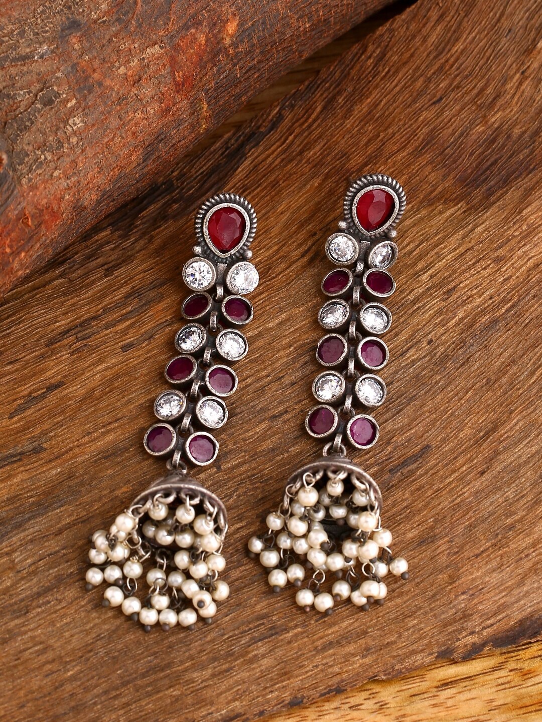 

Infuzze Silver-Plated & Maroon Contemporary Jhumkas Earrings