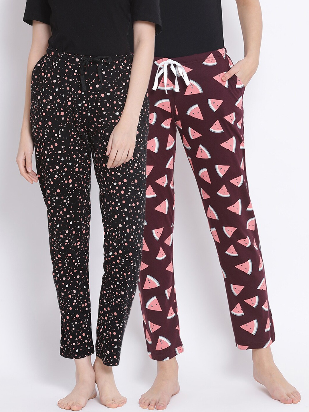 

Kanvin Women Pack Of 2 Black & Burgundy Printed Pure Cotton Lounge Pants