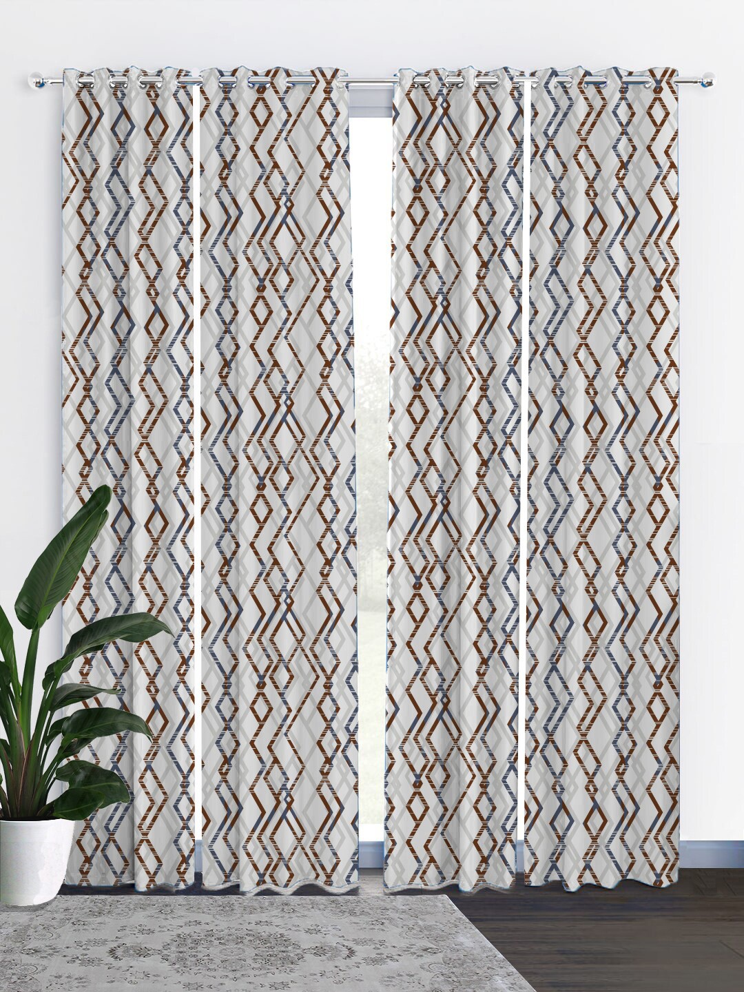 

HOUZZCODE White & Grey Set of 4 Curtains
