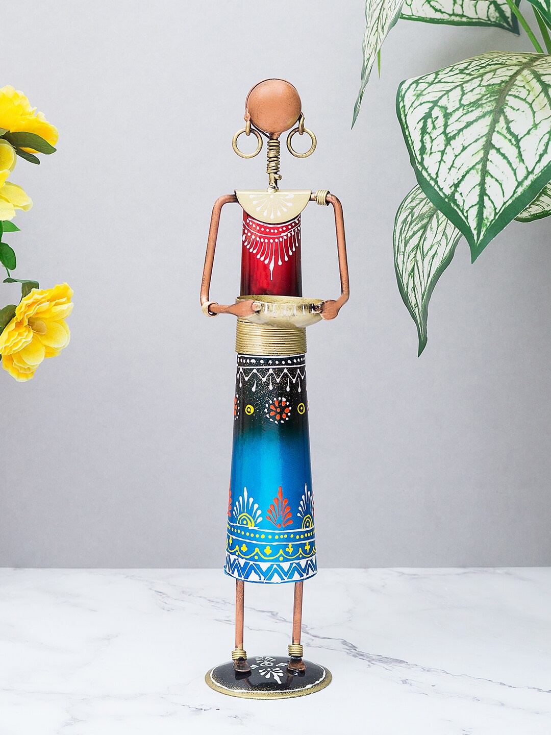 

Golden Peacock Blue & Red Rajasthani Working Lady Figurine Showpiece