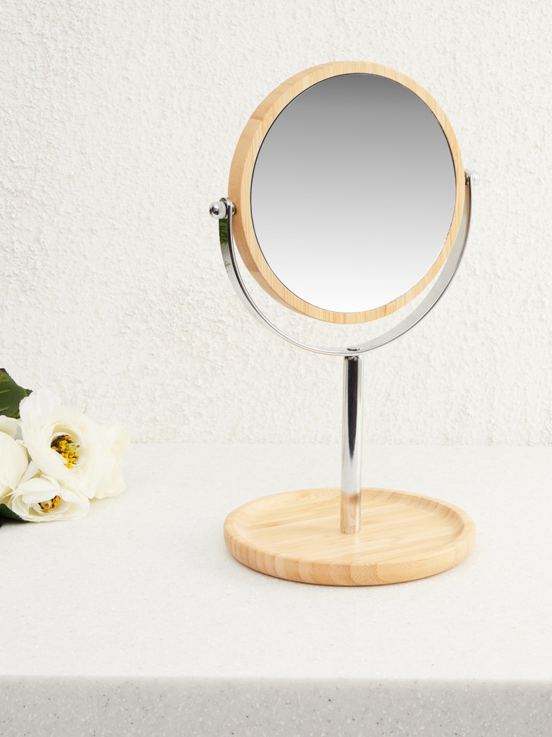 

Home Centre Beige & Silver-Toned Solid Round Mirror With Stand