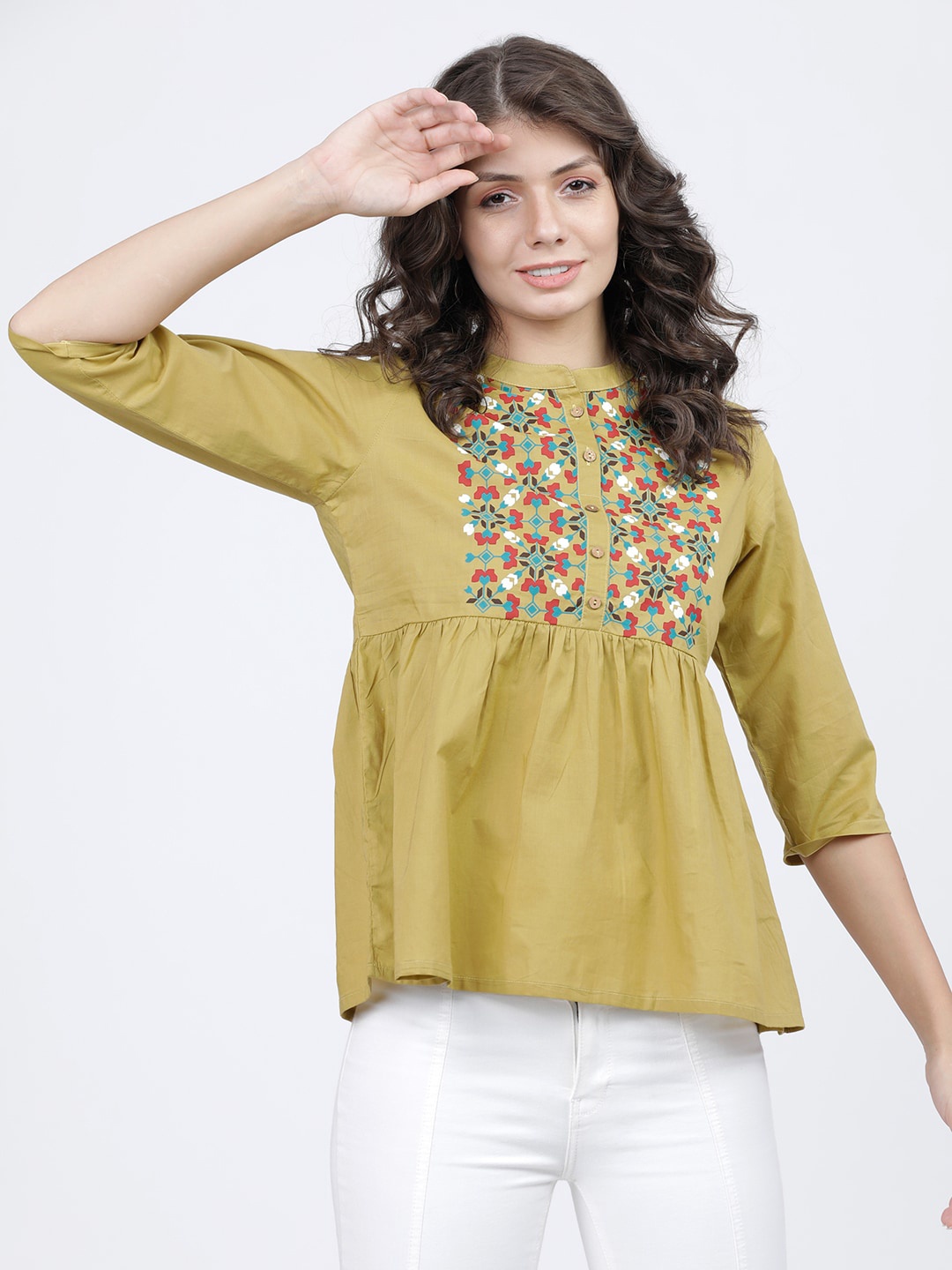 

Vishudh Green Geometric Mandarin Collar A-Line Top