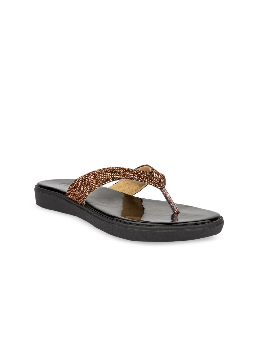 

SOLES Women Bronze-Toned Textured T-Strap Flats