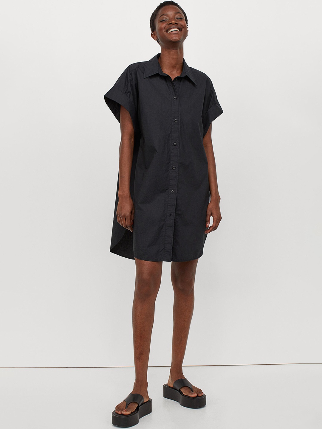 

H&M Women Black Solid Oversized Cotton Shirt