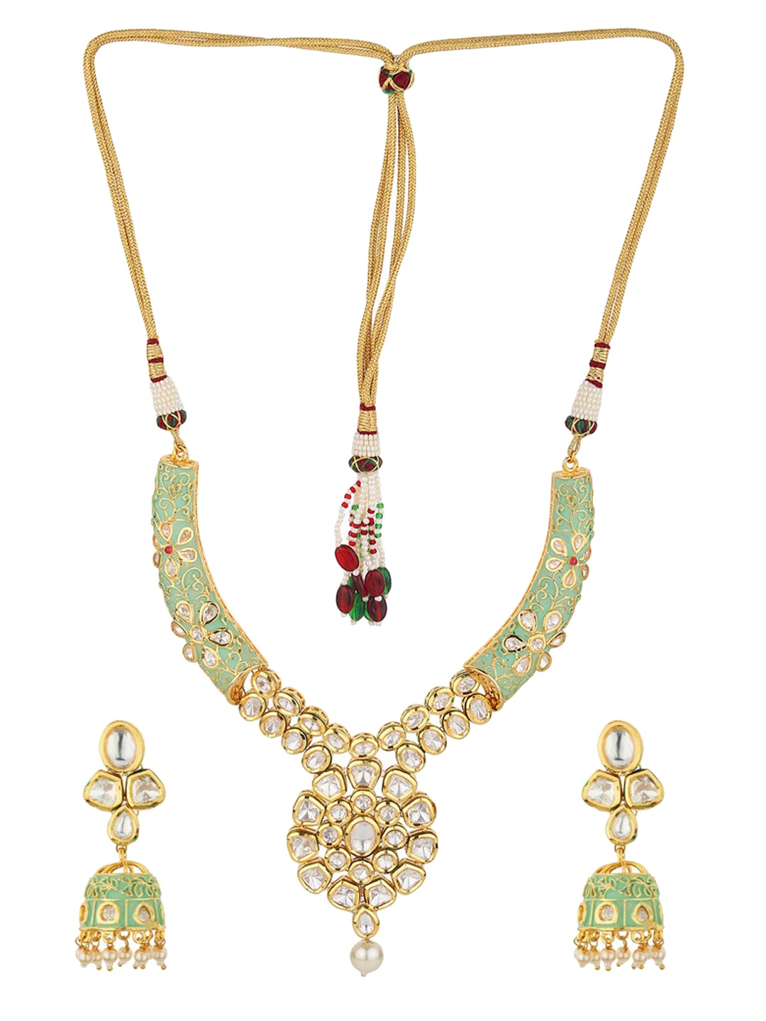 

Runjhun Gold-Plated White & Sea Green Kundan-Studded Beaded Meenakari Enameled Jewellery Set