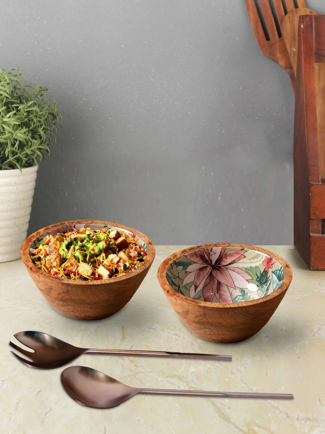 

nestroots Set Of 2 Brown Wooden Bowls With Serving Spoon Set